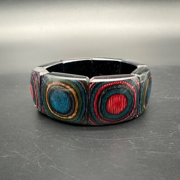 Wooden Stretch Bracelet Hand Carved Colorful Dymond Wood B Merry Alaska Boho - Picture 2 of 7